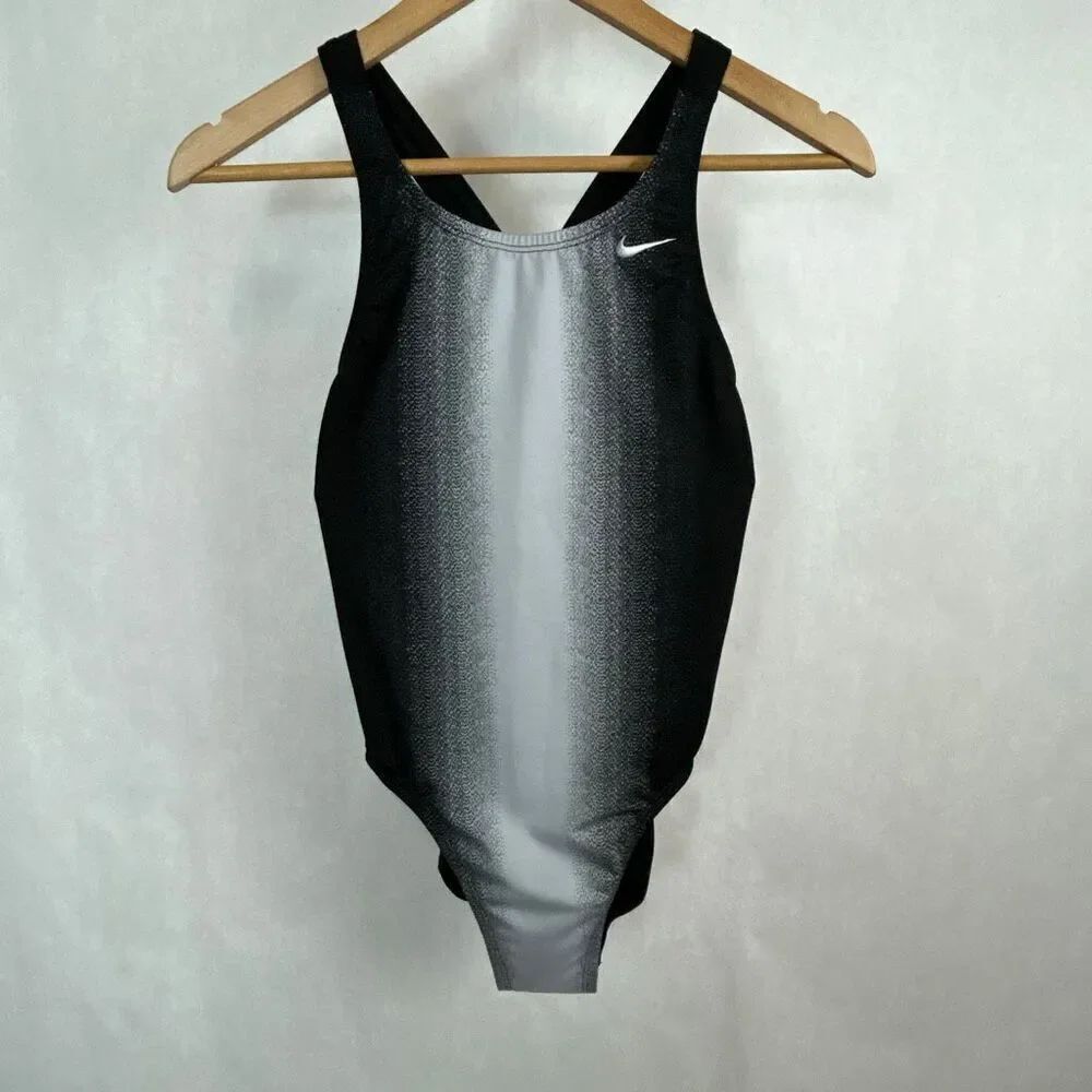 Nike Fade Sting Fastback Swimsuit Sz 10 Black Gray White Ombre Racerback One Pc